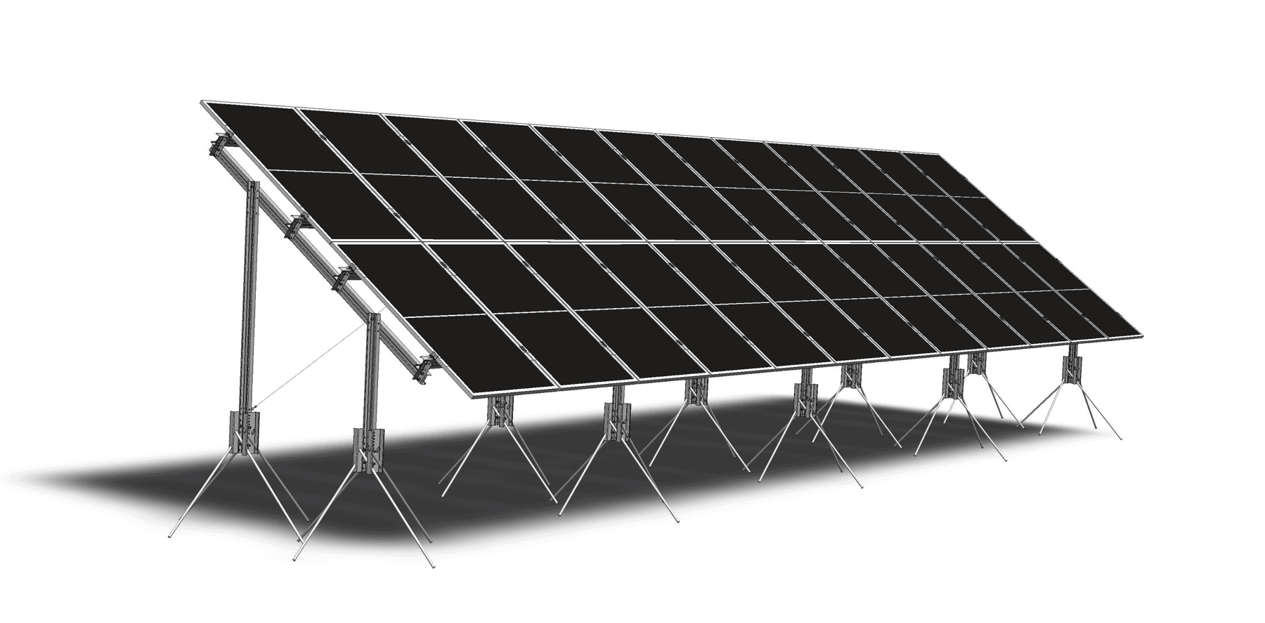SolarFrames SF-V2M36 ground-mounted solar structure — engineering render