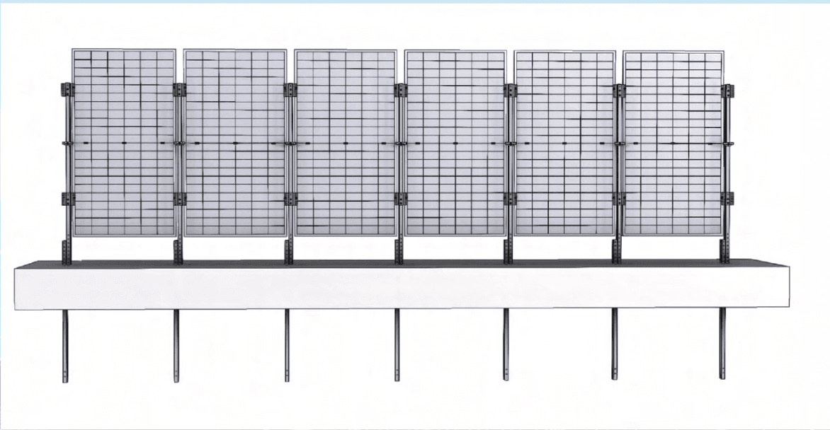 Solar Fence system engineering render showing six vertical photovoltaic modules mounted between steel posts
