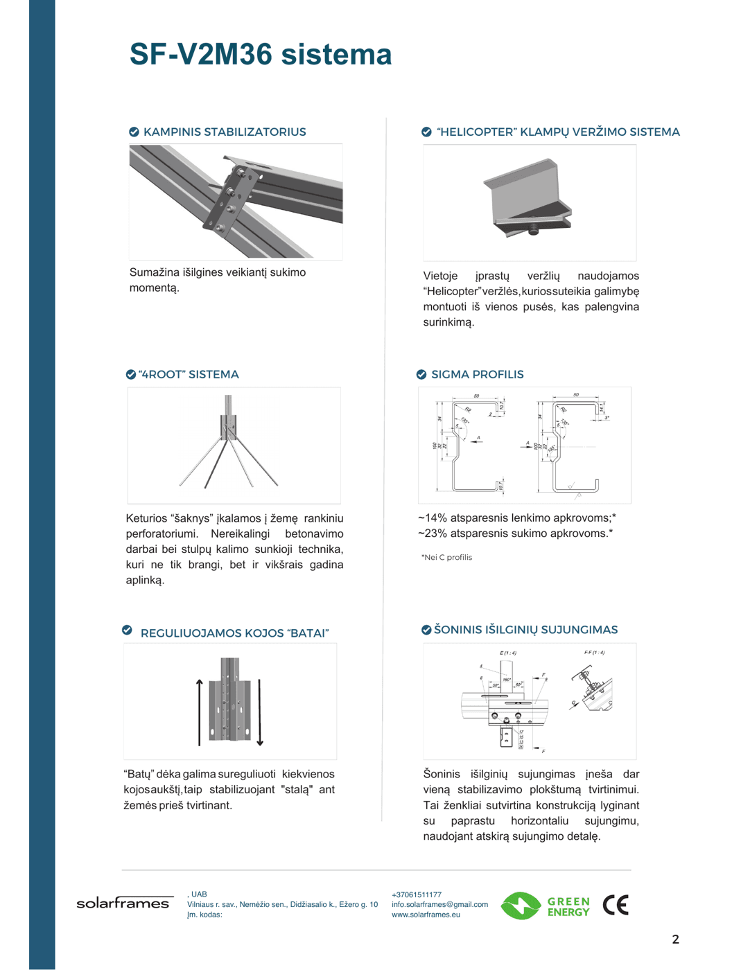 SolarFrames SF-V2M36 engineering feature sheet: angular stabilizer, Helicopter clamp system, 4Root system, SIGMA profile, adjustable boots, and side longitudinal connection