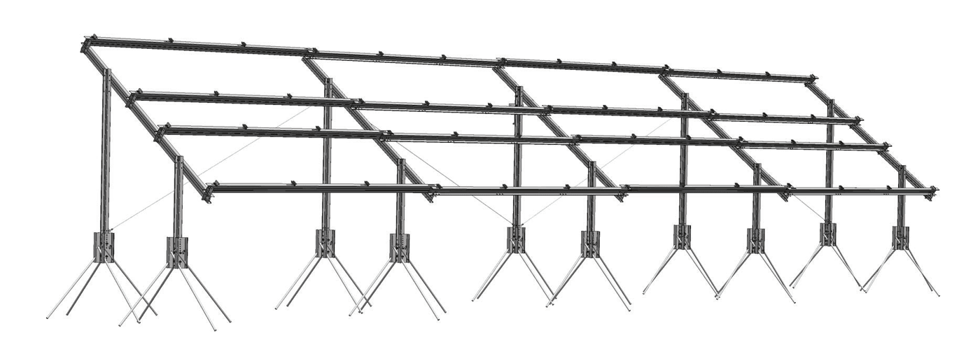 SolarFrames structural frame render without panels, showing the steel support structure