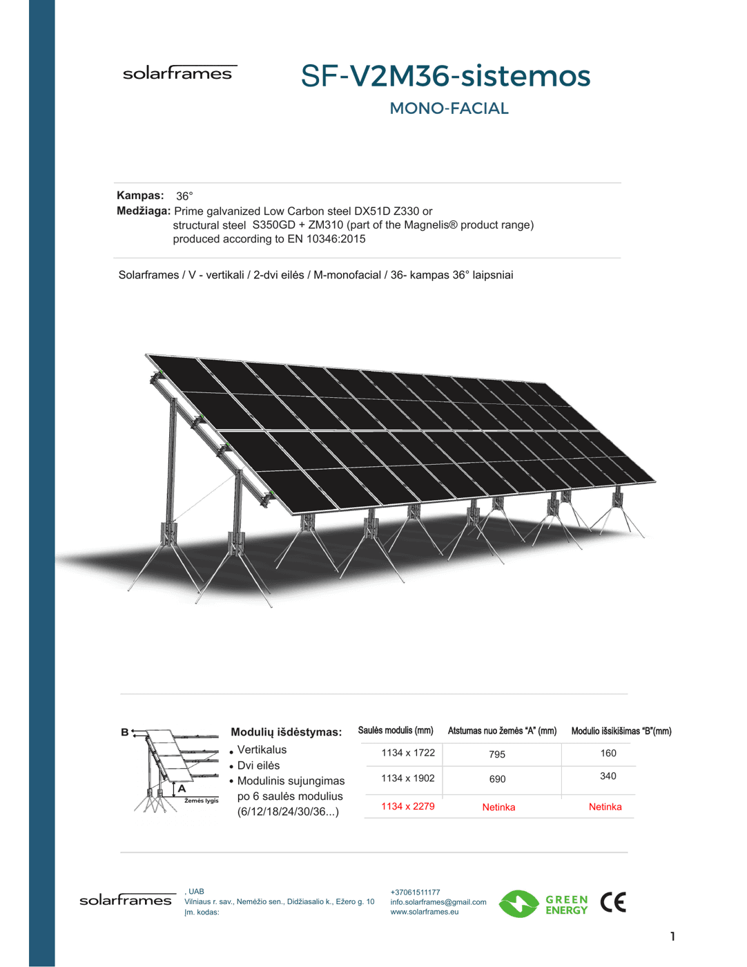 SolarFrames SF-V2M36 system cover sheet with product render and technical header